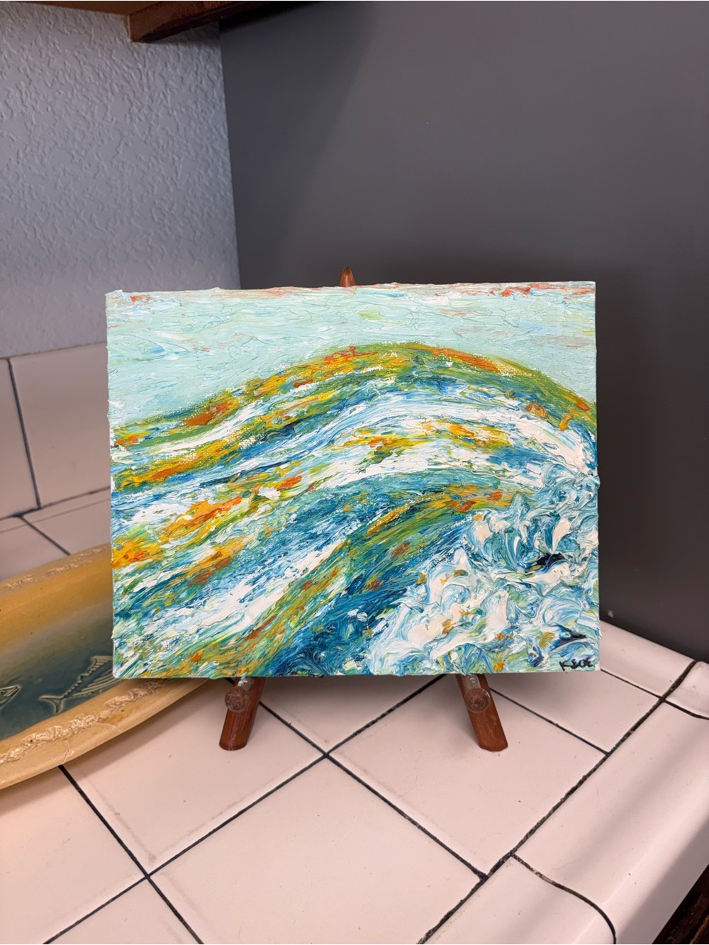 Abstract Ocean Wave Art Oil Painting in Blue, Green, Yellow by Me 🌞👣